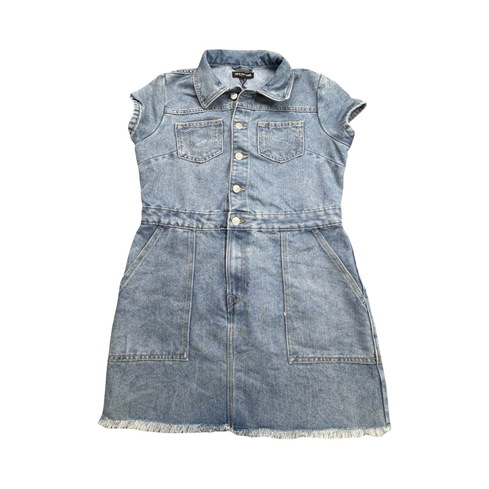 True Religion Denim Dress Womens Medium Blue Button Front Raw Hem Western